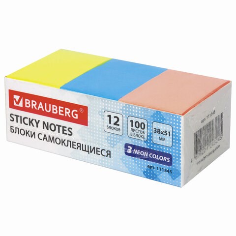 Блоки самоклеящиеся (стикеры) BRAUBERG 38х51 мм, 100 листов, НАБОР 12 штук, 3 неоновых цвета, 111345 111345