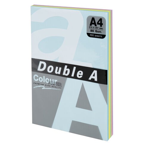 Бумага цветная DOUBLE A, А4, 80 г/м2, 100 л. (5 цветов x 20 листов), микс пастель 115111