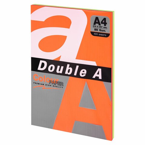 Бумага цветная DOUBLE A, А4, 80 г/м2, 100 л., 5 цветов x 20 л., микс интенсив 115122