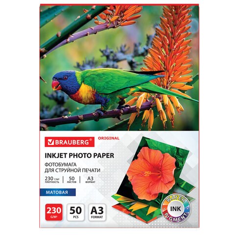 Фотобумага матовая БОЛЬШОГО ФОРМАТА, А3, 230 г/м2, односторонняя, 50 листов, BRAUBERG ORIGINAL, 363997 363997