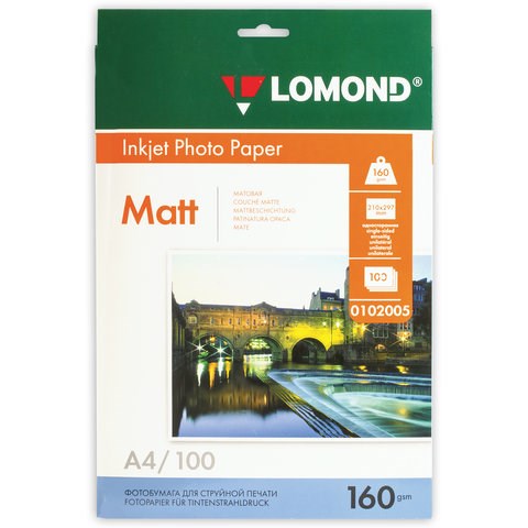Фотобумага матовая, А4, 160 г/м2, односторонняя, 100 листов, LOMOND, 0102005 360334