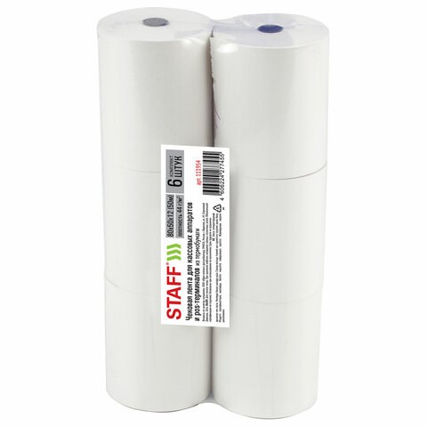 Чековая лента ТЕРМОБУМАГА 80 мм (диаметр 65 мм, длина 50 м, втулка 12 мм), КОМПЛЕКТ 6 шт., 44 г/м2, STAFF, 111954 111954