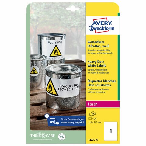Этикетка самоклеящаяся ВСЕПОГОДНАЯ 210x297 мм, 1 этикетка, полиэстер, белая, 20 листов, Avery Zweckform, L4775-20 115388
