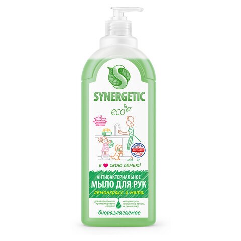 Мыло жидкое антибактериальное 1 л SYNERGETIC "Лемонграсс и мята", антизапах, дозатор, 105101 607172