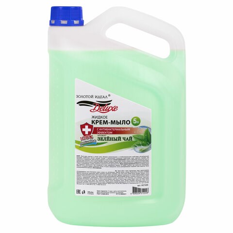 Мыло-крем жидкое c АНТИБАКТЕРИАЛЬНЫМ ЭФФЕКТОМ, 5 л, ЗОЛОТОЙ ИДЕАЛ DELUXE "Зеленый чай", перламутровое, 607499 607499