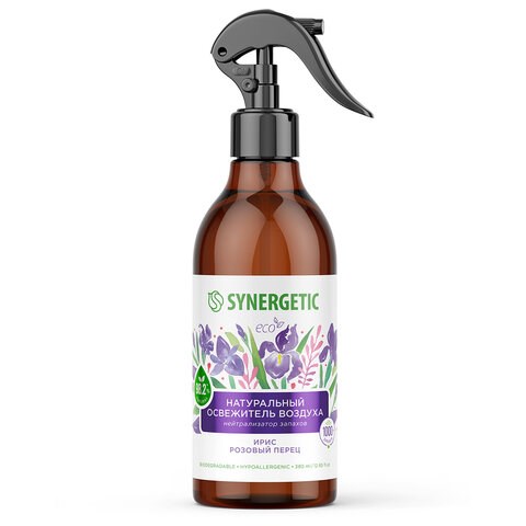 Освежитель воздуха 380 мл SYNERGETIC "Ирис и розовый перец", биоразлагаемый, нейтрализатор запахов, спрей, 900002 608654