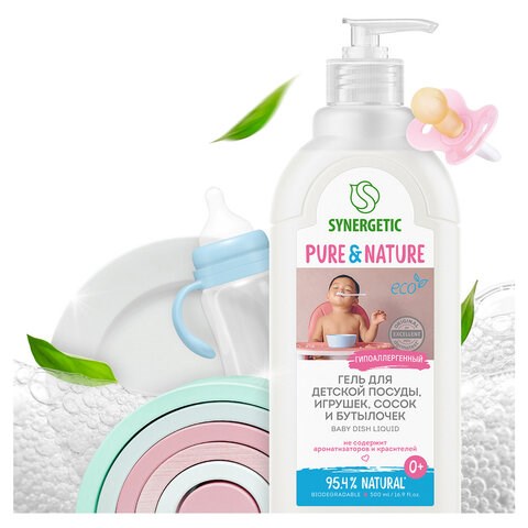 Гель для мытья детской посуды 500 мл, SYNERGETIC, биоразлагаемый, дозатор, 103054 608031
