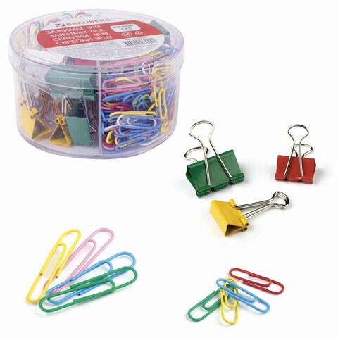 Набор BRAUBERG, зажимы 19 мм/15 шт., 25 мм/8 шт., скрепки 28 мм/152 шт. и 50 мм/50 шт., 223517 223517