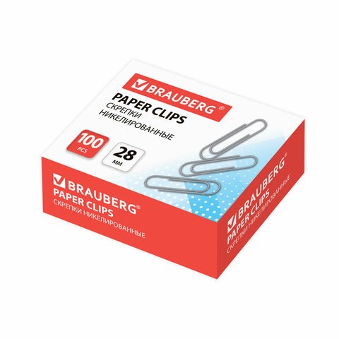 Скрепки BRAUBERG, 28 мм, никелированные, 100 шт., в картонной коробке, Россия, 221523 221523
