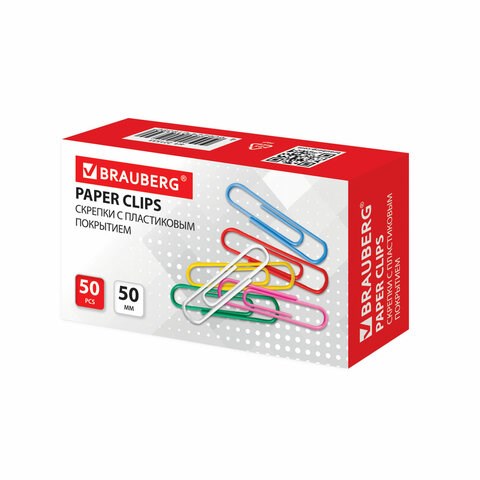 Скрепки большие 50 мм, цветные, 50 шт., в картонной коробке, BRAUBERG, 221533 221533