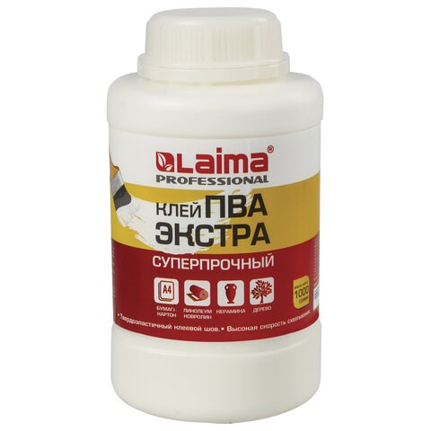 Клей ПВА Экстра Суперпрочный 1 кг (керамика, ткань, кожа, дерево, бумага, картон), LAIMA, 606432 606432