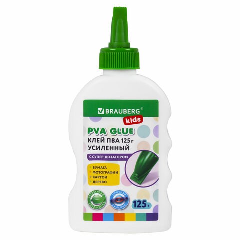 Клей ПВА, усиленный, BRAUBERG KIDS с супер-дозатором (для школы, хобби и творчества), 125 г, 271937 271937