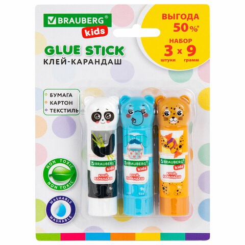 Клей-карандаш "Зверята: панда, слон, леопард" 9 г, фигурный колпачок, 3 шт./блистер, BRAUBERG KIDS, 272473 272473