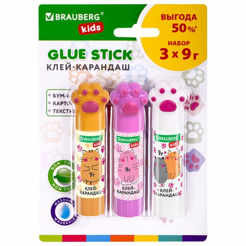 Клей-карандаш "Лапки" Cat Paw, 9 г, фигурный колпачок, 3 шт. на блистере, BRAUBERG KIDS, 271982 271982