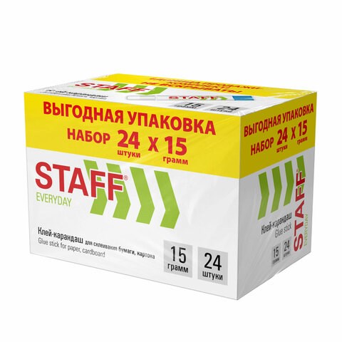 Клей-карандаш 15 г, ВЫГОДНАЯ УПАКОВКА, КОМПЛЕКТ 24 ШТУКИ, STAFF EVERYDAY, 273017 273017