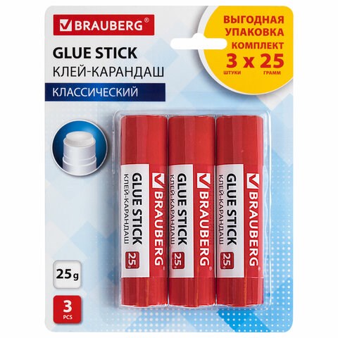 Клей-карандаш 25 г ВЫГОДНАЯ УПАКОВКА BRAUBERG, 3 штуки на блистере, 271306 271306