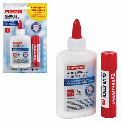 Набор клея BRAUBERG (клей-карандаш PVP 15 г, клей ПВА 125 г), блистер, 271980 271980