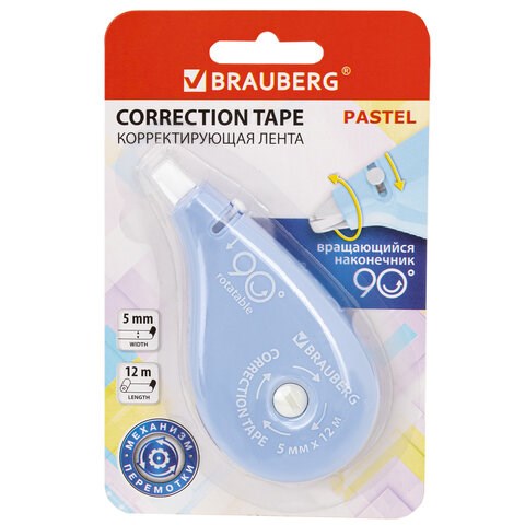 Корректирующая лента BRAUBERG PASTEL 5 мм х 12 м, вращающийся наконечник 90°, механизм перемотки, корпус голубой, блистер, 272488 272488