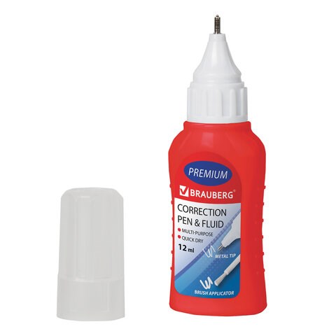 Ручка-корректор + корректирующая жидкость BRAUBERG, 12 мл, 2 в 1: металлический наконечник + кисточка, 225217 225217