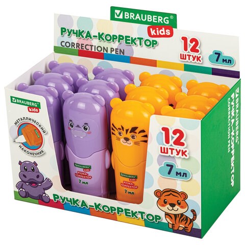 Ручка-корректор BRAUBERG KIDS "ЗВЕРЯТА", 7 мл, металлический наконечник, корпус ассорти, 272493 272493