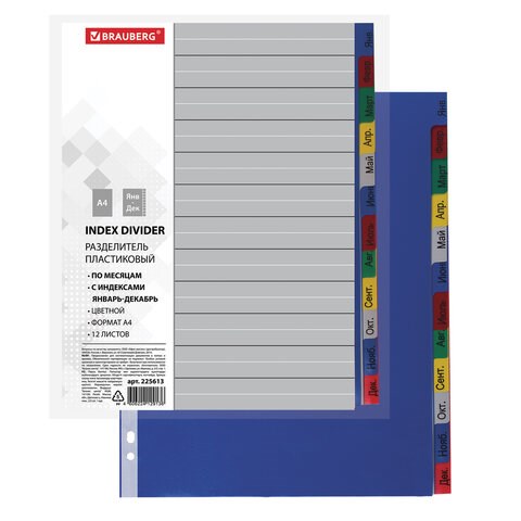 Разделитель пластиковый BRAUBERG, А4, 12 листов, Январь-Декабрь, оглавление, цветной, РОССИЯ, 225613 225613
