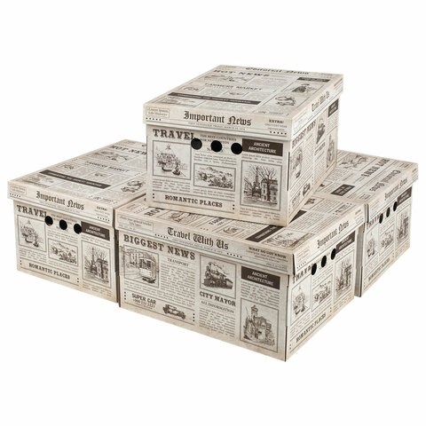 Короб для хранения из плотного микрогофрокартона 330х250х185 мм, КОМПЛЕКТ 4 шт., BRAUBERG HOME "Газета", 271814 271814