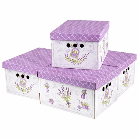 Короб для хранения из плотного микрогофрокартона 330х250х185 мм, КОМПЛЕКТ 4 шт., BRAUBERG HOME "Лаванда", 271813 271813