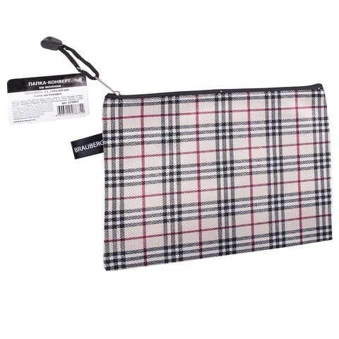 Папка-конверт на молнии МАЛОГО ФОРМАТА (238х180 мм), А5, ткань в клетку, BRAUBERG "Checked", 223893 223893