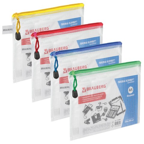 Папка-конверт на молнии МАЛЫЙ ФОРМАТ (238х180 мм) А5, молния ассорти, ПВХ, прозрачная, BRAUBERG "Segment", 223887 223887
