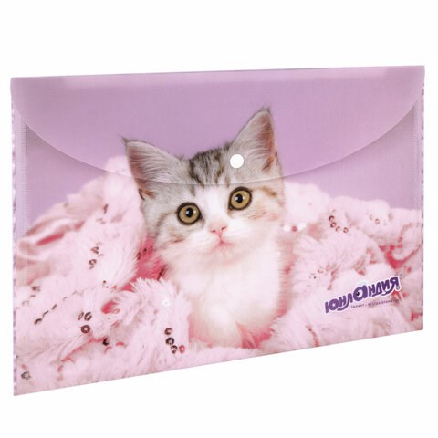 Папка-конверт с кнопкой ЮНЛАНДИЯ "Котенок", А4, 160 мкм, до 100 листов, цветная печать, 228049 228049