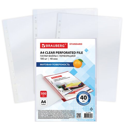 Папки-файлы перфорированные А4 BRAUBERG "STANDARD", КОМПЛЕКТ 100 шт., матовые, 40 мкм, 229660 229660