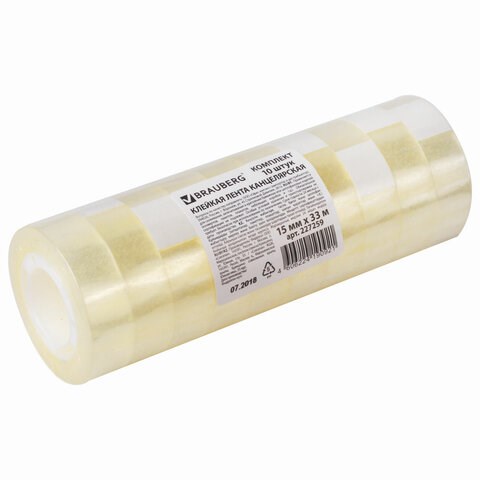 Клейкие ленты 15 мм х 33 м канцелярские BRAUBERG, комплект 10 шт., прозрачные, гарантированная длина, 227259 227259