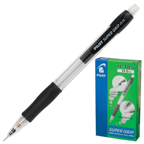 Карандаш механический 0,5 мм, PILOT H-185 "Super Grip", ластик, резиновый грип, корпус черный, H-185-SL, Н-185 180170