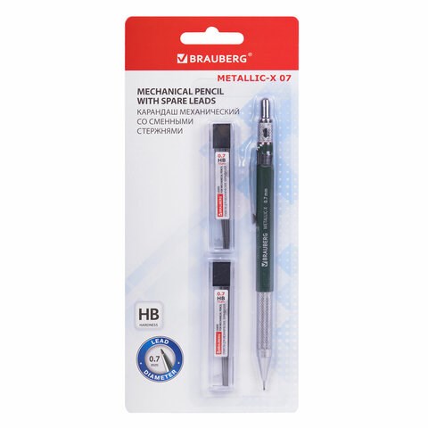 Карандаш механический 0,7 мм + грифели HB 24 штуки на блистере, BRAUBERG "METALLIC-X 07", металлические детали, 181966 181966