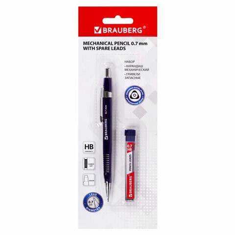 Карандаш механический 0,7 мм, трехгранный корпус + грифели HB 12 штук на блистере, BRAUBERG, 180494 180494