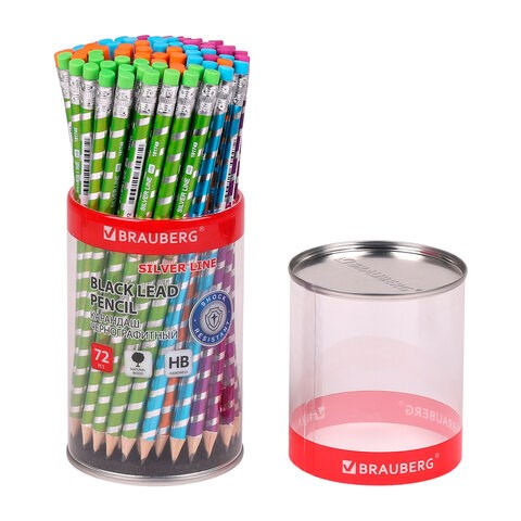 Карандаш чернографитный BRAUBERG "SILVER LINE", 1 шт., HB, с ластиком, корпус ассорти, 181749 181749
