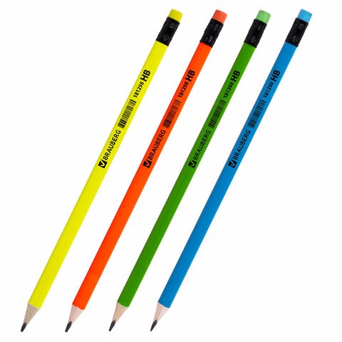 Карандаш чернографитный BRAUBERG, 1 шт., "Neon", HB, трехгранный, с ластиком, корпус неоновый ассорти, 181298 181298