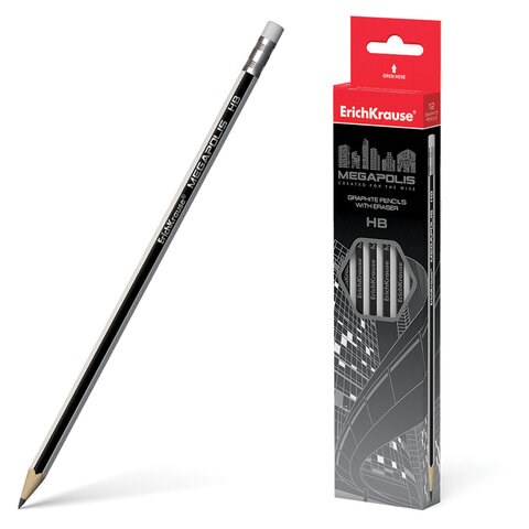 Карандаш чернографитный ERICH KRAUSE, 1 шт., "Megapolis", HB, с ластиком, корпус серебристый, заточенный, 32860 180929