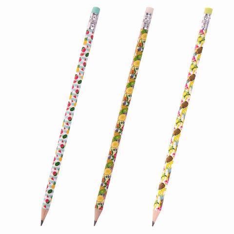 Карандаш чернографитный ЮНЛАНДИЯ "ФРУКТЫ", 1 шт., HB, с ластиком, корпус ассорти, 181777 181777
