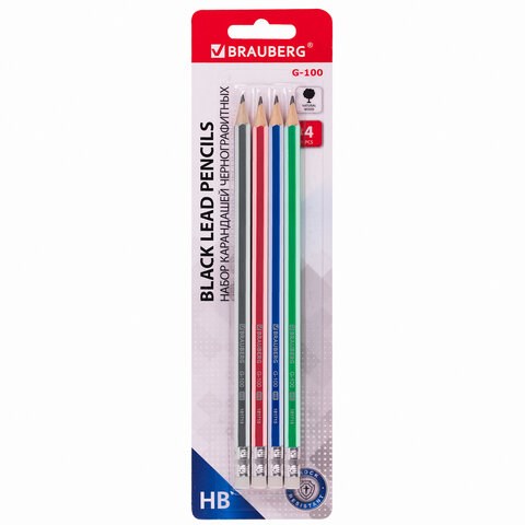 Набор карандашей чернографитных BRAUBERG "G-100" 4 шт., HB, с ластиком, корпус ассорти, 181715 181715