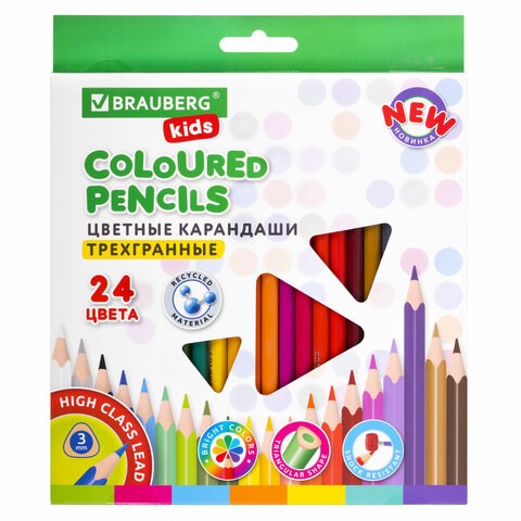 Карандаши цветные BRAUBERG KIDS NEW, 24 цвета, трехгранные, грифель 3 мм, 182002 182002