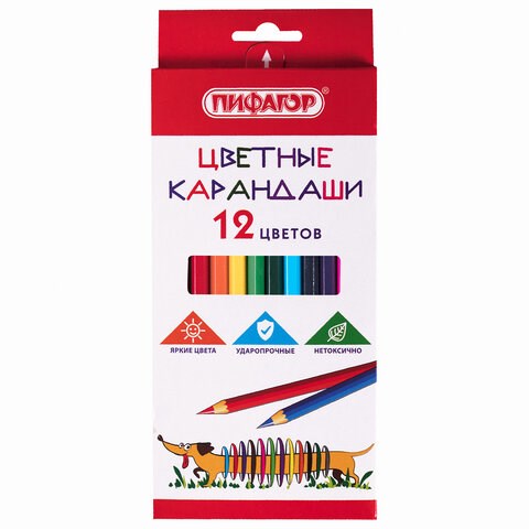 Карандаши цветные ПИФАГОР "Веселая такса", 12 цветов, шестигранные, натуральное дерево, 181806 181806