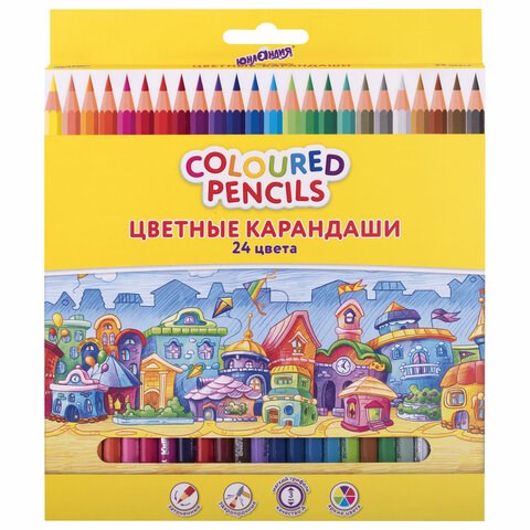 Карандаши цветные ЮНЛАНДИЯ "ДОМИКИ", 24 цвета, шестигранные, грифель 3 мм, 181838 181838