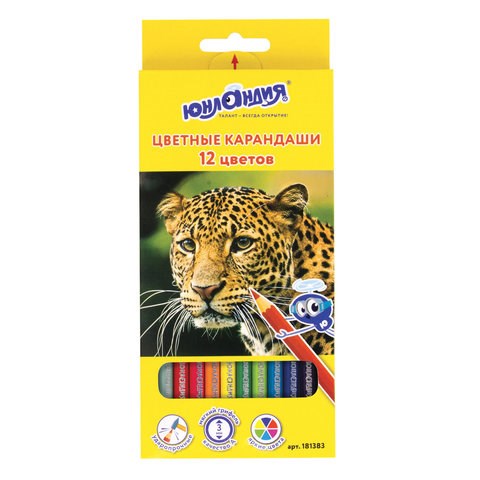 Карандаши цветные ЮНЛАНДИЯ "МИР ЖИВОТНЫХ", 12 цветов, шестигранные, грифель 3 мм, натуральное дерево, 181383 181383
