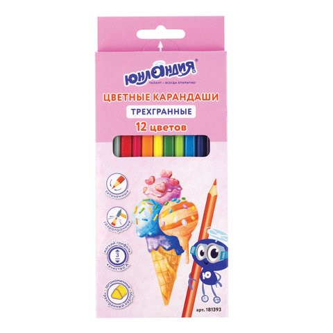 Карандаши цветные ЮНЛАНДИЯ "СЛАДКИЕ ИСТОРИИ", 12 цветов, трехгранные, грифель 3 мм, натуральное дерево, 181393 181393