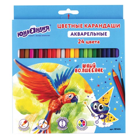 Карандаши цветные акварельные ЮНЛАНДИЯ "ЮНЫЙ ВОЛШЕБНИК", 24 цвета, шестигранные, грифель 3 мм, натуральное дерево, 181404 181404