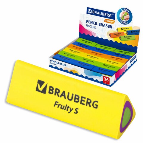 Ластик BRAUBERG "Fruity S", 44х15х15 мм, цвет ассорти, треугольный, 228713 228713