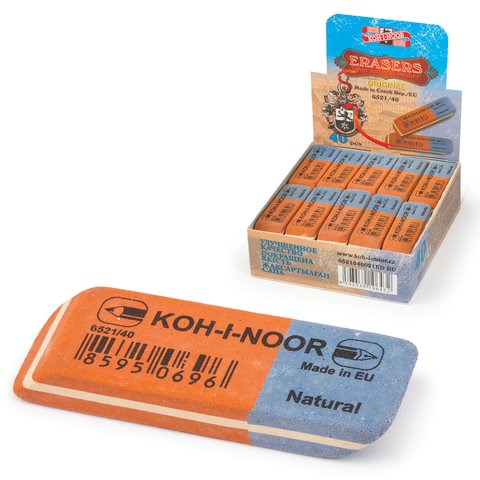 Ластик KOH-I-NOOR 6521/40, 57x19,5x8 мм, красно-синий, прямоугольный, скошенные края, натуральный каучук, 6521040021KDRU 225398