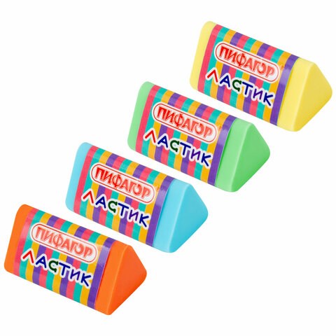 Ластик трехгранный ПИФАГОР "ЭНИКИ-БЕНИКИ", 35х18х18 мм, картонный держатель, цвета ассорти, 272668 272668