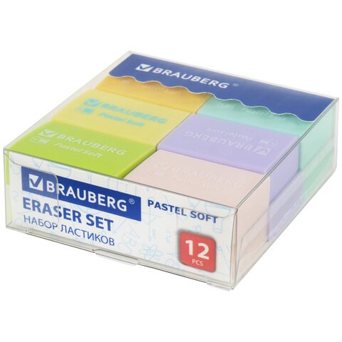 Ластики BRAUBERG "Pastel Soft" НАБОР 12 шт., размер ластика 31х20х10 мм, экологичный ПВХ, 229598 229598